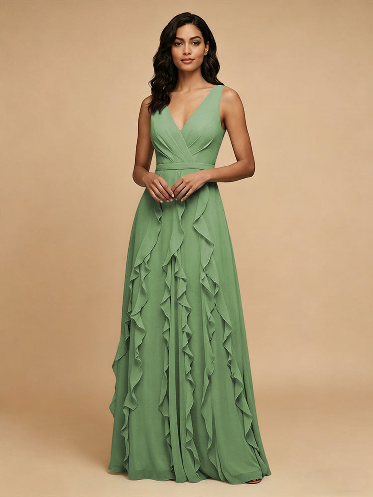 Chiffon A-Line V Neck Long Bridesmaid Dresses with Ruffles