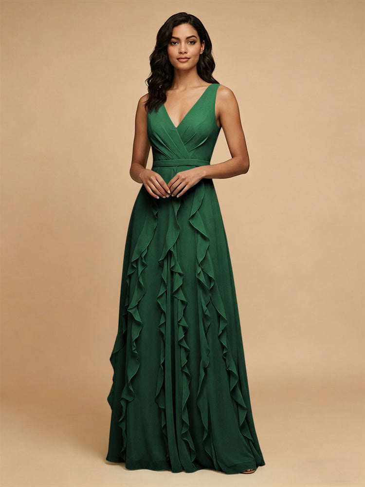 Chiffon A-Line V Neck Long Bridesmaid Dresses with Ruffles