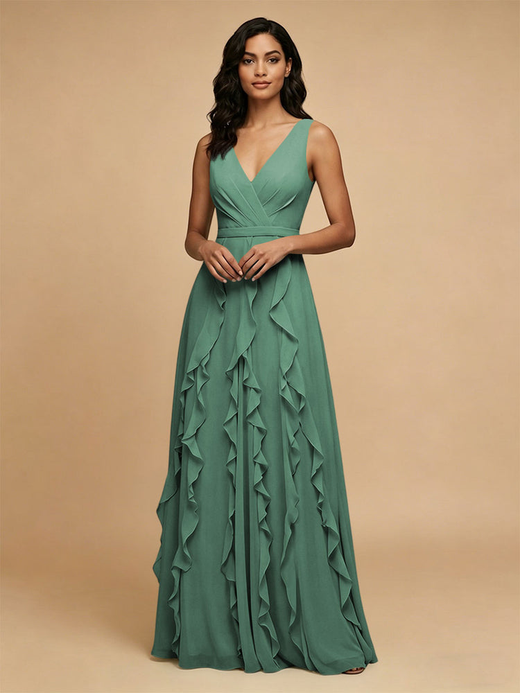 Chiffon A-Line V Neck Long Bridesmaid Dresses with Ruffles
