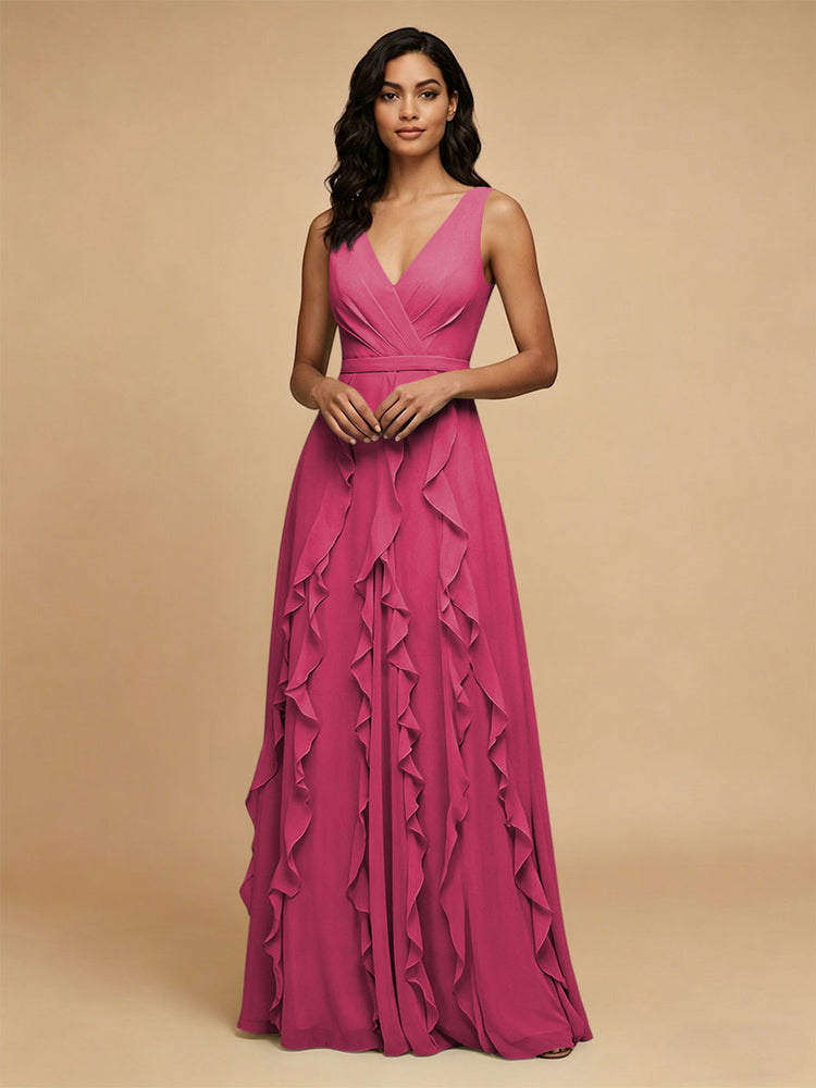 Chiffon A-Line V Neck Long Bridesmaid Dresses with Ruffles