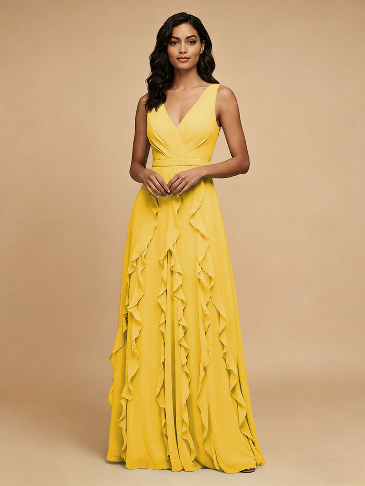 Chiffon A-Line V Neck Long Bridesmaid Dresses with Ruffles
