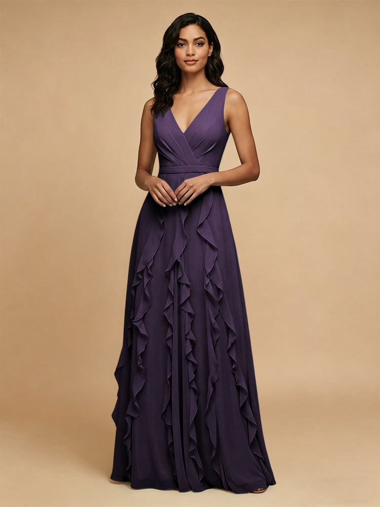 Chiffon A-Line V Neck Long Bridesmaid Dresses with Ruffles