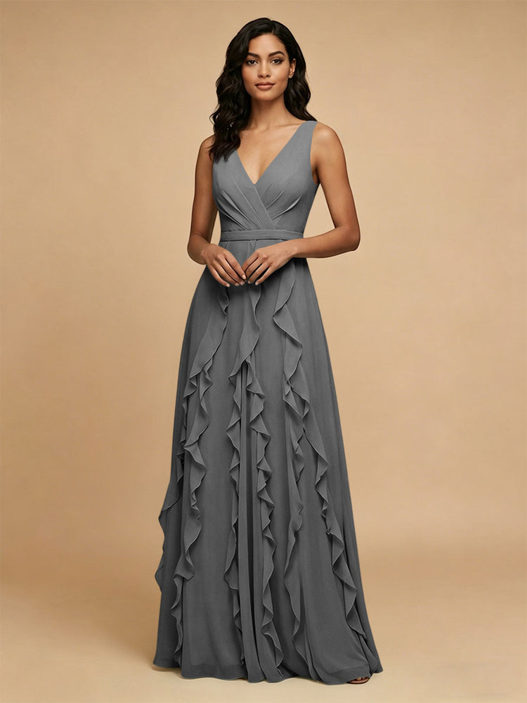 Chiffon A-Line V Neck Long Bridesmaid Dresses with Ruffles