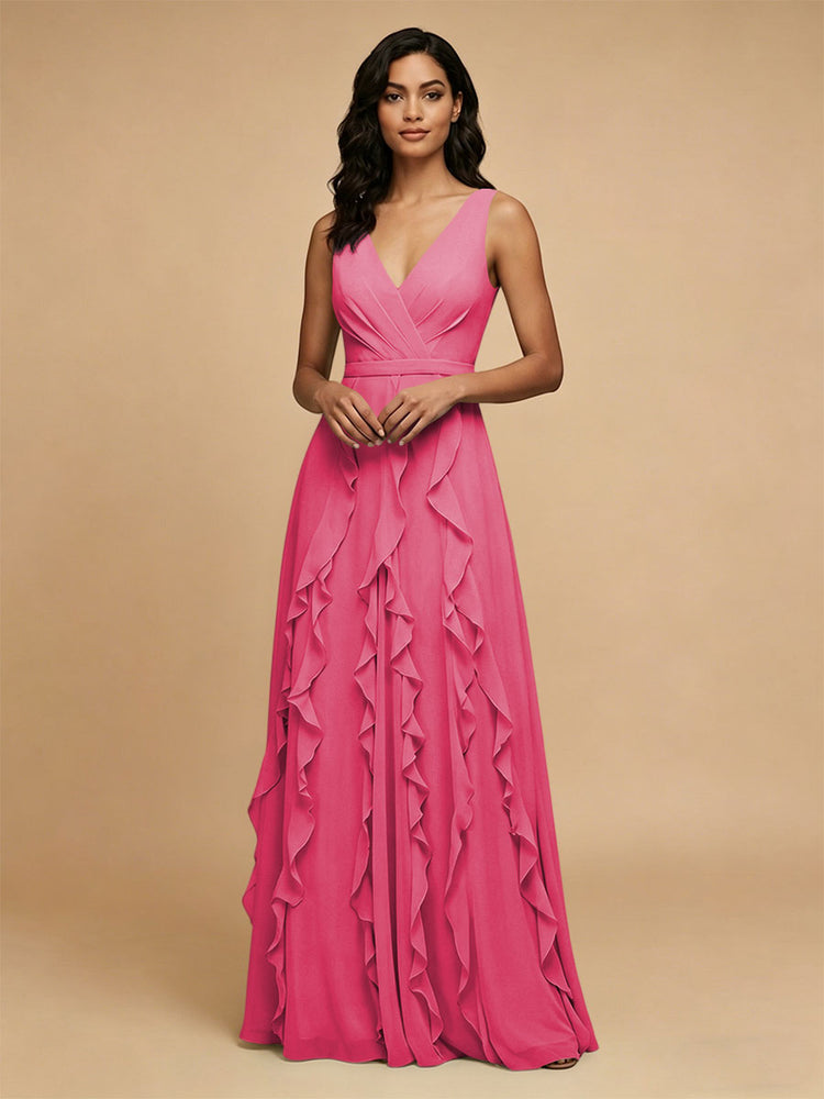 Chiffon A-Line V Neck Long Bridesmaid Dresses with Ruffles