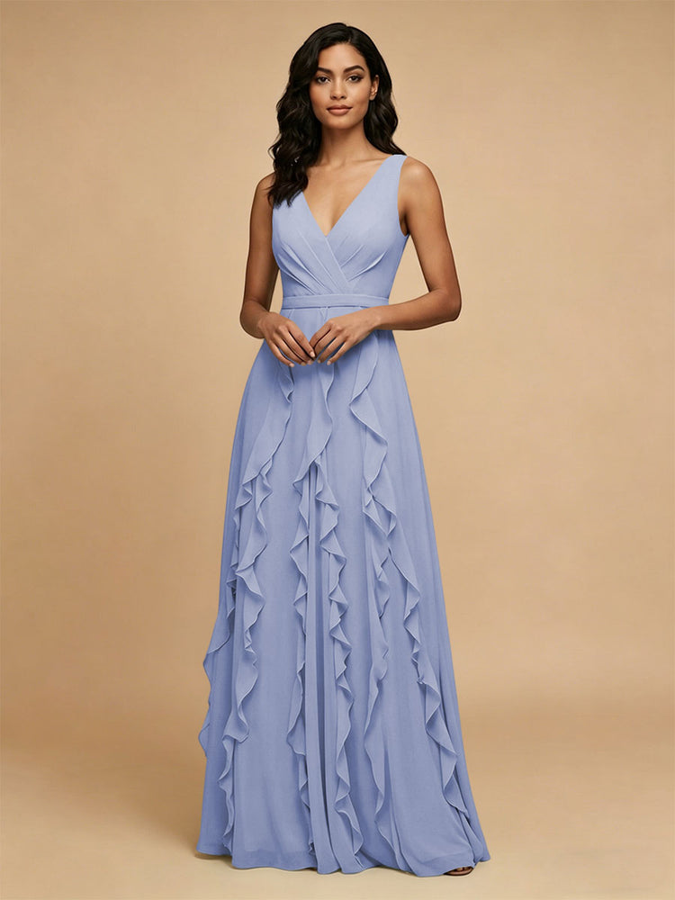 Chiffon A-Line V Neck Long Bridesmaid Dresses with Ruffles