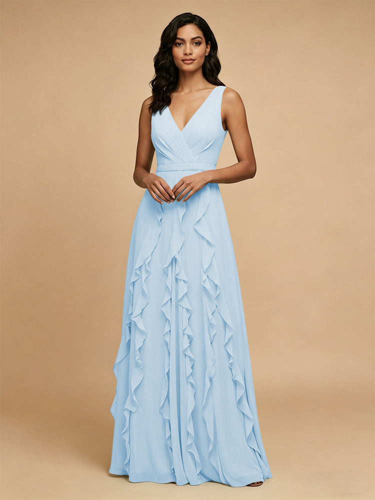 Chiffon A-Line V Neck Long Bridesmaid Dresses with Ruffles