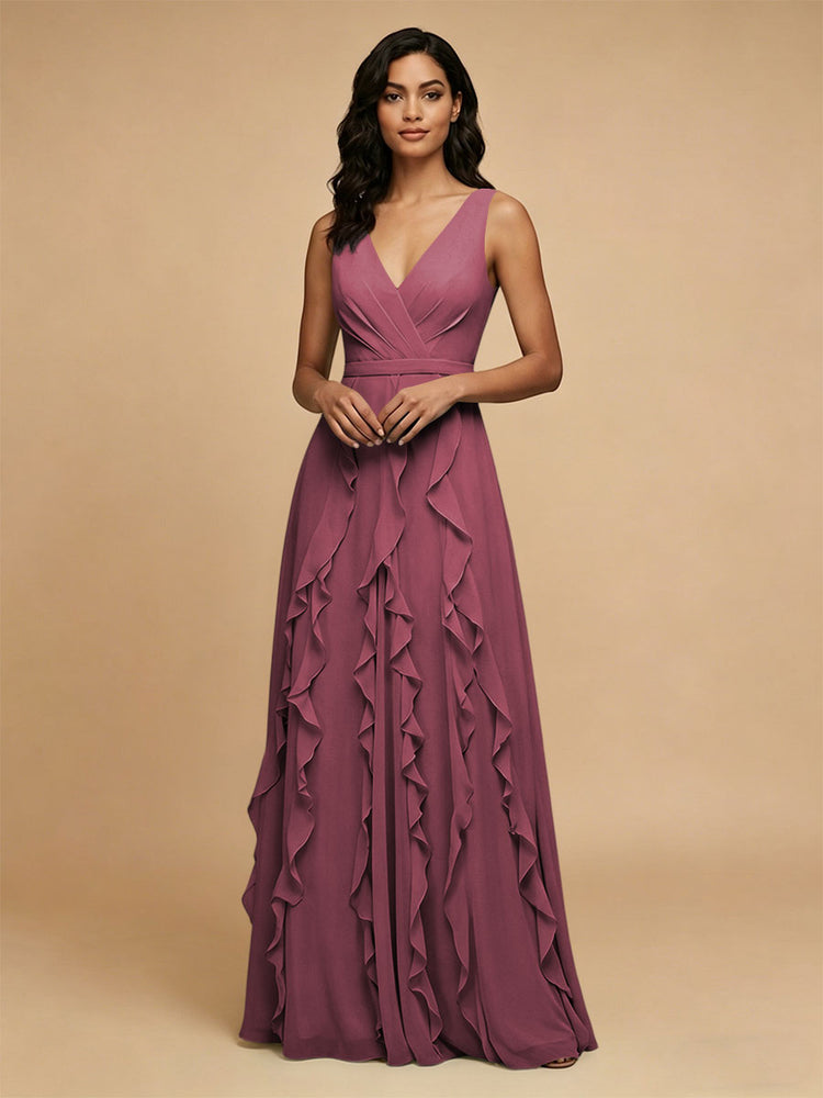 Chiffon A-Line V Neck Long Bridesmaid Dresses with Ruffles