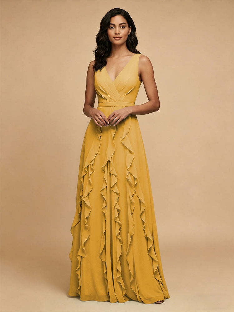 Chiffon A-Line V Neck Long Bridesmaid Dresses with Ruffles