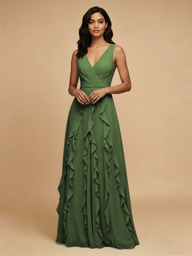 Chiffon A-Line V Neck Long Bridesmaid Dresses with Ruffles