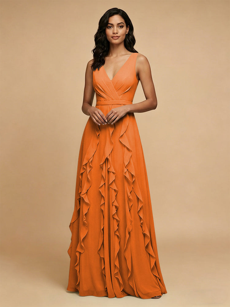 Chiffon A-Line V Neck Long Bridesmaid Dresses with Ruffles