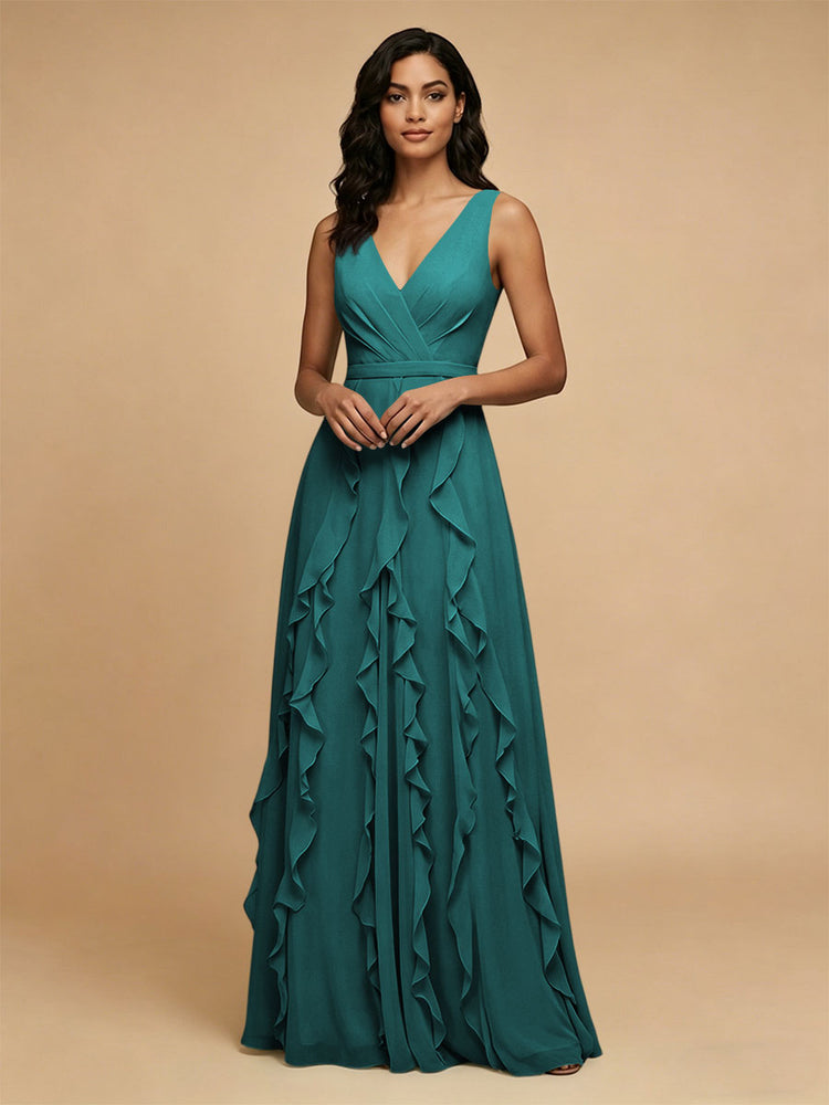 Chiffon A-Line V Neck Long Bridesmaid Dresses with Ruffles