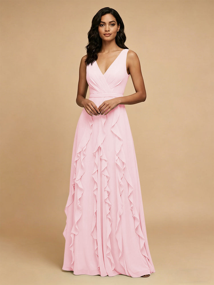 Chiffon A-Line V Neck Long Bridesmaid Dresses with Ruffles