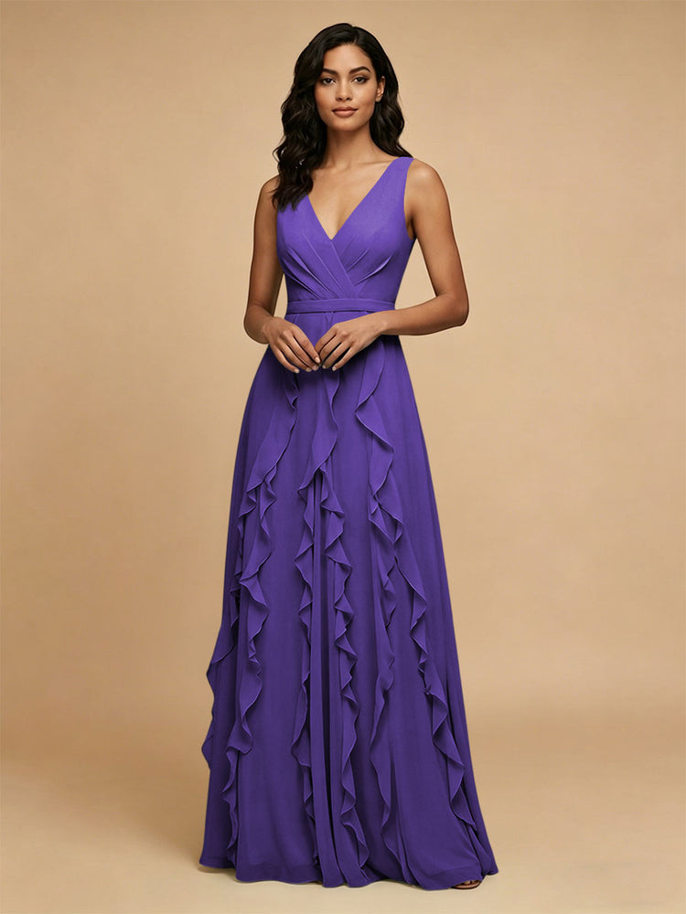 Chiffon A-Line V Neck Long Bridesmaid Dresses with Ruffles