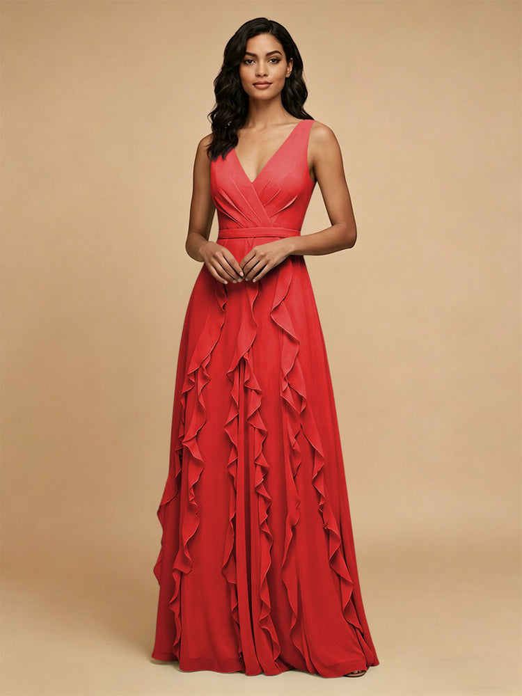 Chiffon A-Line V Neck Long Bridesmaid Dresses with Ruffles