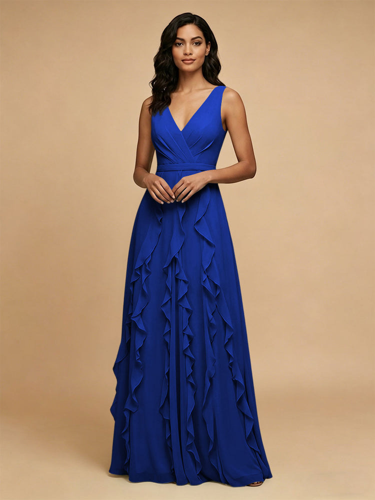Chiffon A-Line V Neck Long Bridesmaid Dresses with Ruffles
