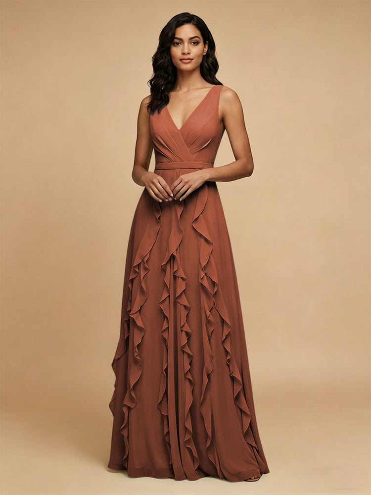 Chiffon A-Line V Neck Long Bridesmaid Dresses with Ruffles