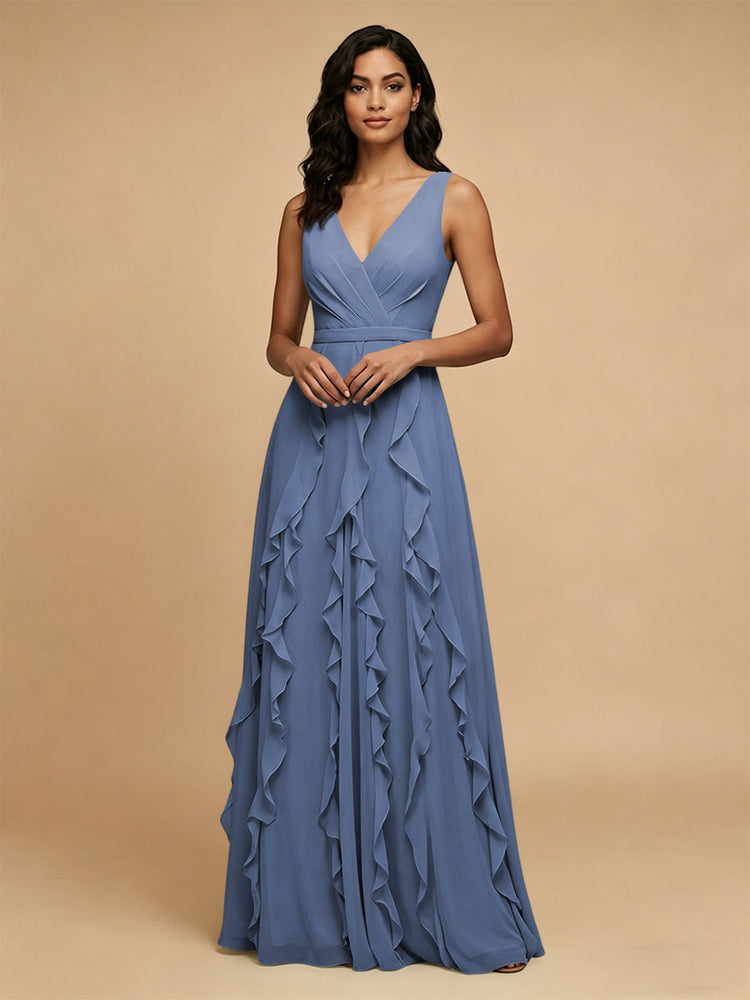 Chiffon A-Line V Neck Long Bridesmaid Dresses with Ruffles