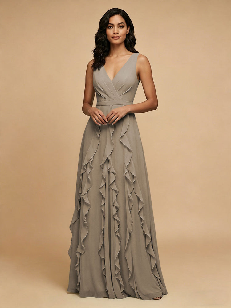 Chiffon A-Line V Neck Long Bridesmaid Dresses with Ruffles