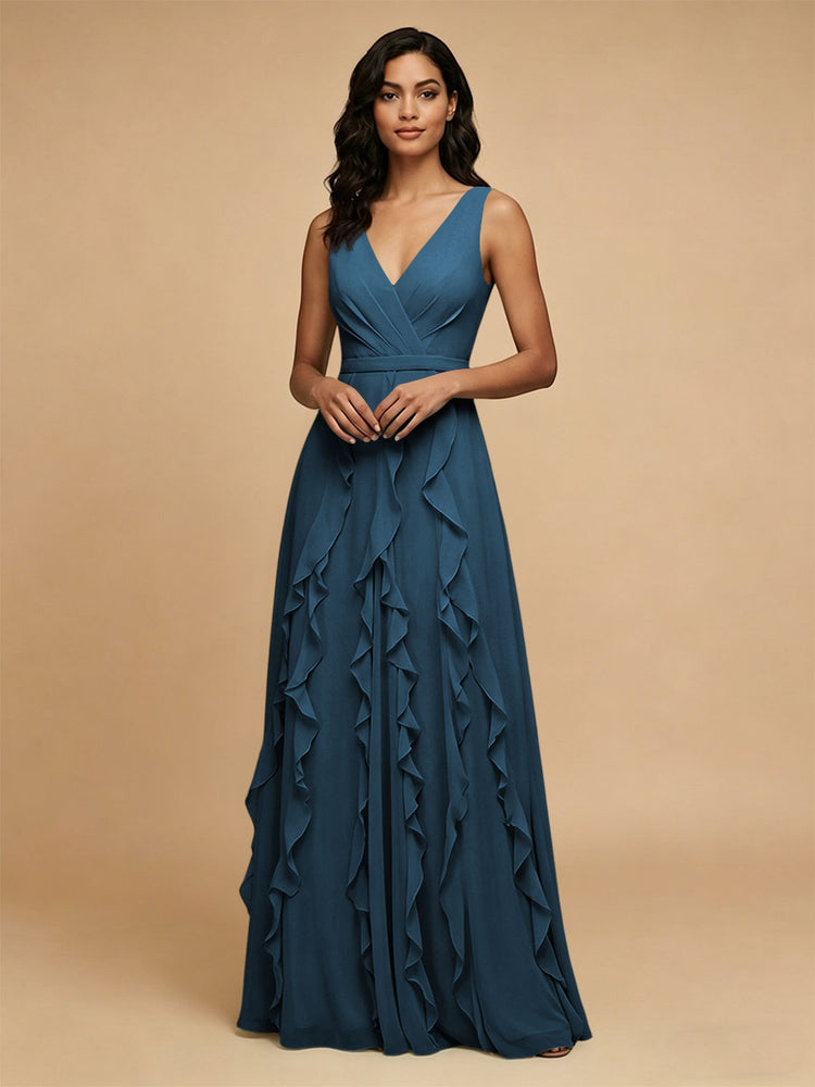 Chiffon A-Line V Neck Long Bridesmaid Dresses with Ruffles