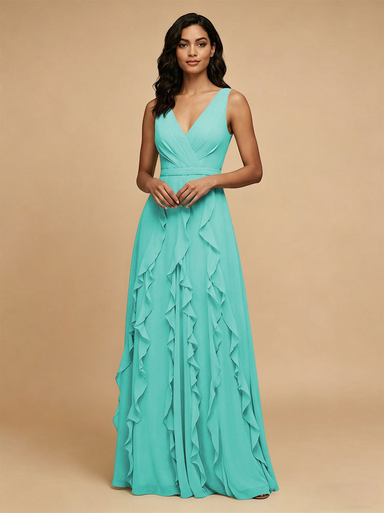 Chiffon A-Line V Neck Long Bridesmaid Dresses with Ruffles