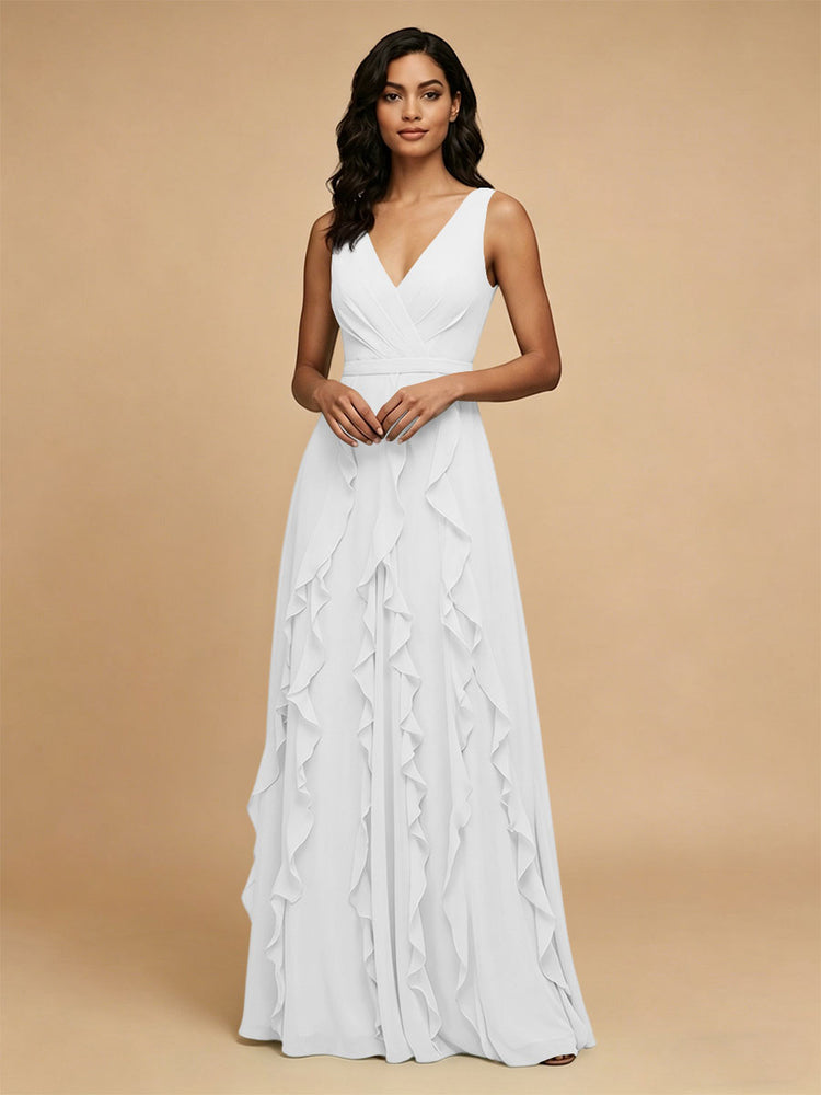 Chiffon A-Line V Neck Long Bridesmaid Dresses with Ruffles