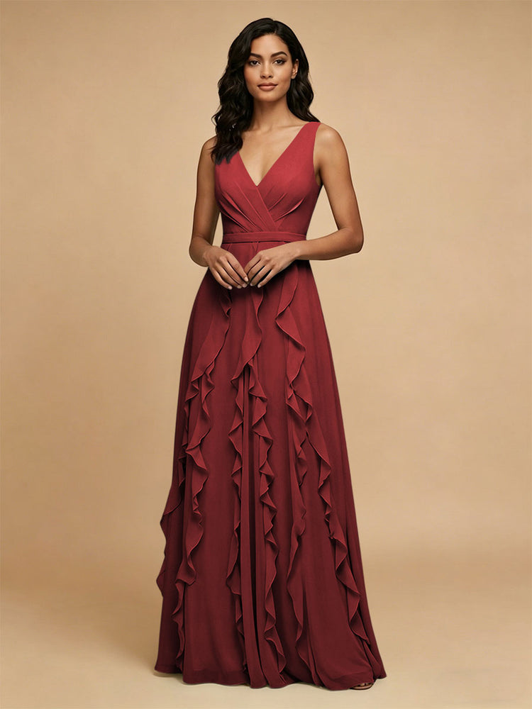 Chiffon A-Line V Neck Long Bridesmaid Dresses with Ruffles
