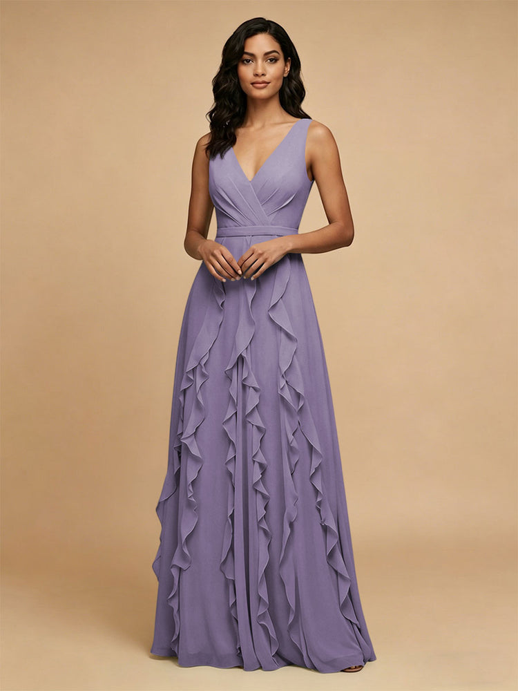Chiffon A-Line V Neck Long Bridesmaid Dresses with Ruffles