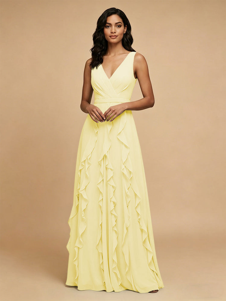 Chiffon A-Line V Neck Long Bridesmaid Dresses with Ruffles