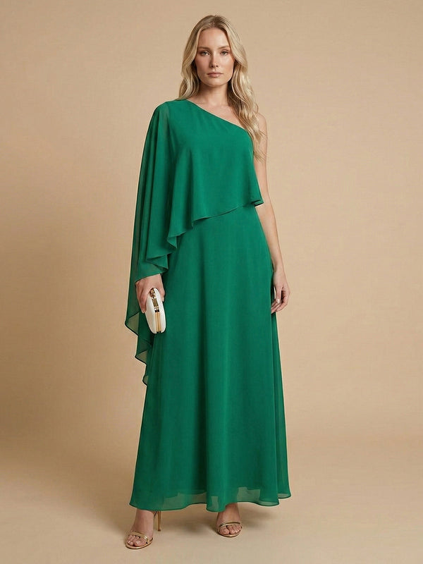 Chiffon A-Line One Shoulder Long Bridesmaid Dresses with Cape