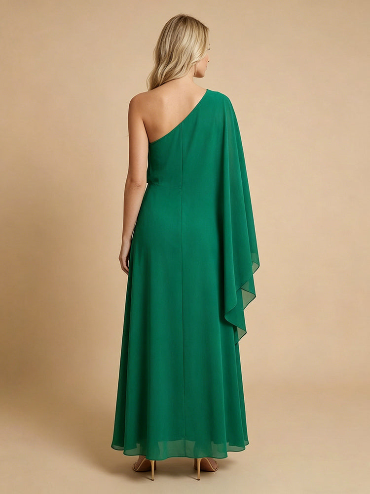 Chiffon A-Line One Shoulder Long Bridesmaid Dresses with Cape