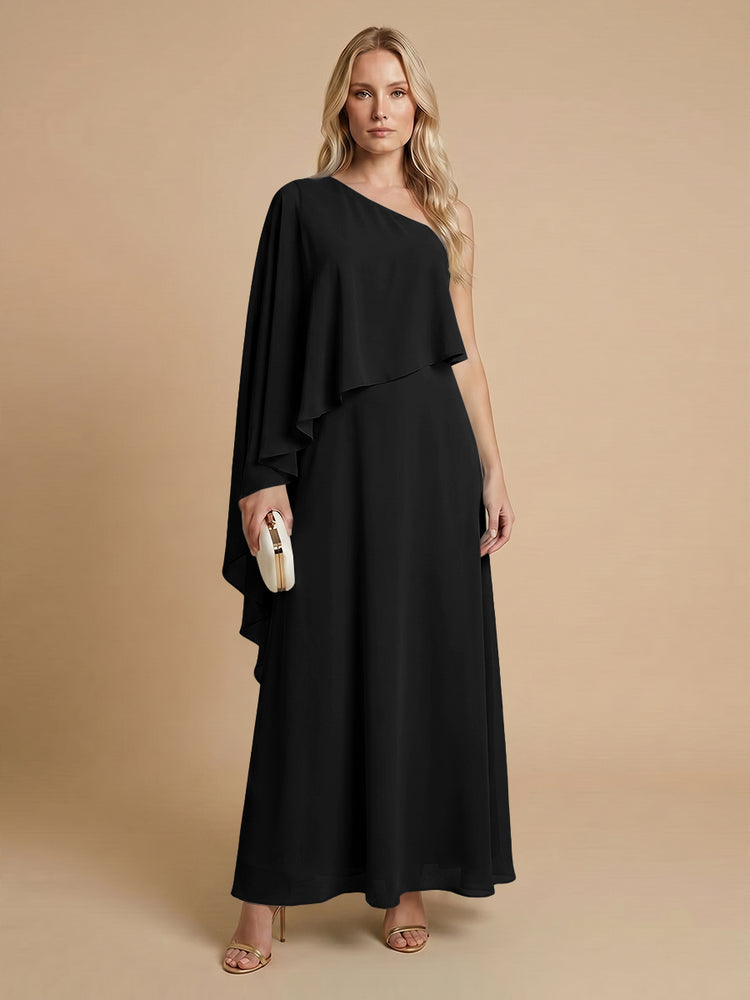 Chiffon A-Line One Shoulder Long Bridesmaid Dresses with Cape