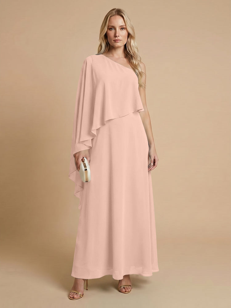 Chiffon A-Line One Shoulder Long Bridesmaid Dresses with Cape