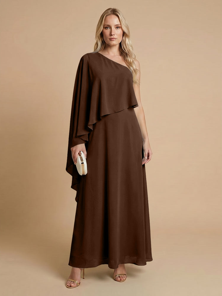 Chiffon A-Line One Shoulder Long Bridesmaid Dresses with Cape