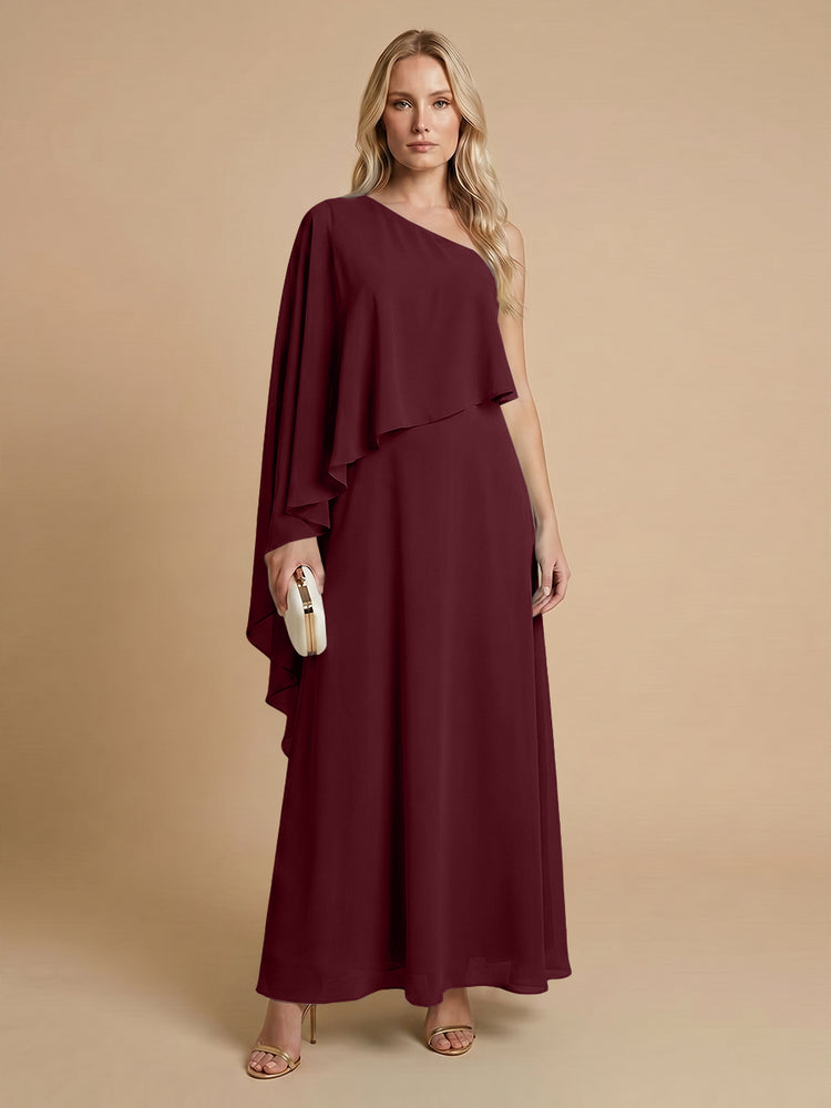 Chiffon A-Line One Shoulder Long Bridesmaid Dresses with Cape