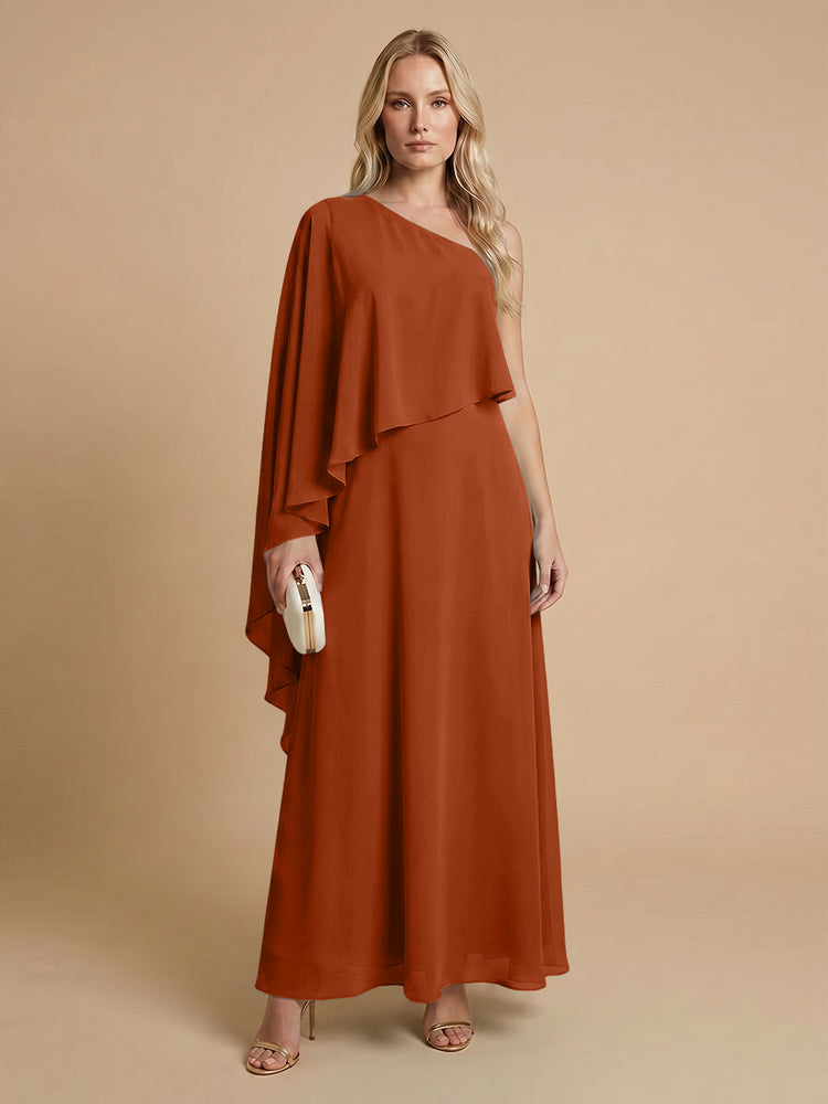 Chiffon A-Line One Shoulder Long Bridesmaid Dresses with Cape