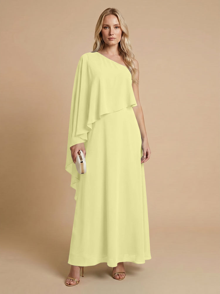 Chiffon A-Line One Shoulder Long Bridesmaid Dresses with Cape