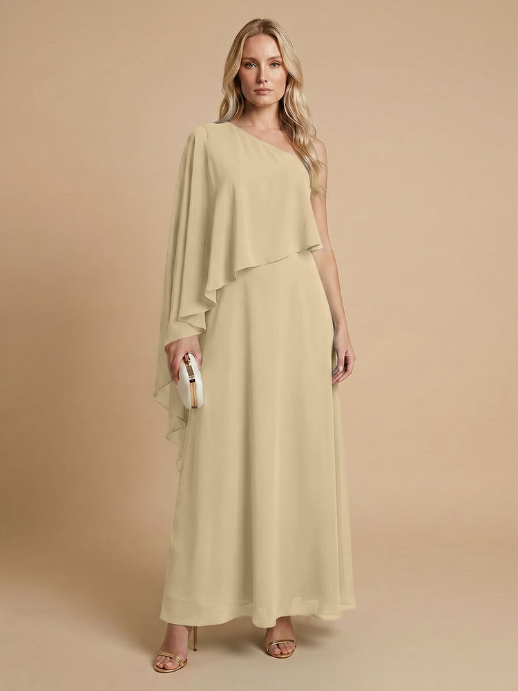 Chiffon A-Line One Shoulder Long Bridesmaid Dresses with Cape