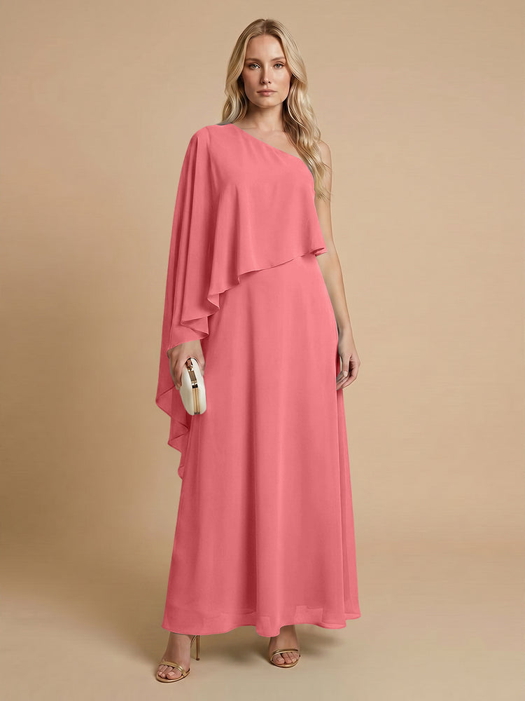Chiffon A-Line One Shoulder Long Bridesmaid Dresses with Cape