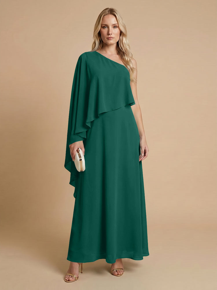 Chiffon A-Line One Shoulder Long Bridesmaid Dresses with Cape