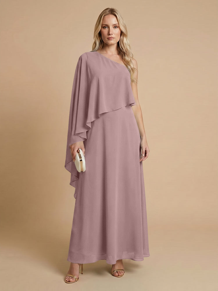 Chiffon A-Line One Shoulder Long Bridesmaid Dresses with Cape