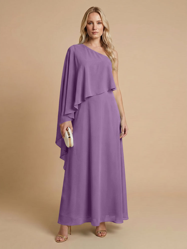 Chiffon A-Line One Shoulder Long Bridesmaid Dresses with Cape