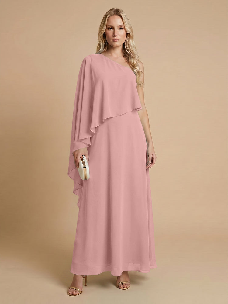 Chiffon A-Line One Shoulder Long Bridesmaid Dresses with Cape