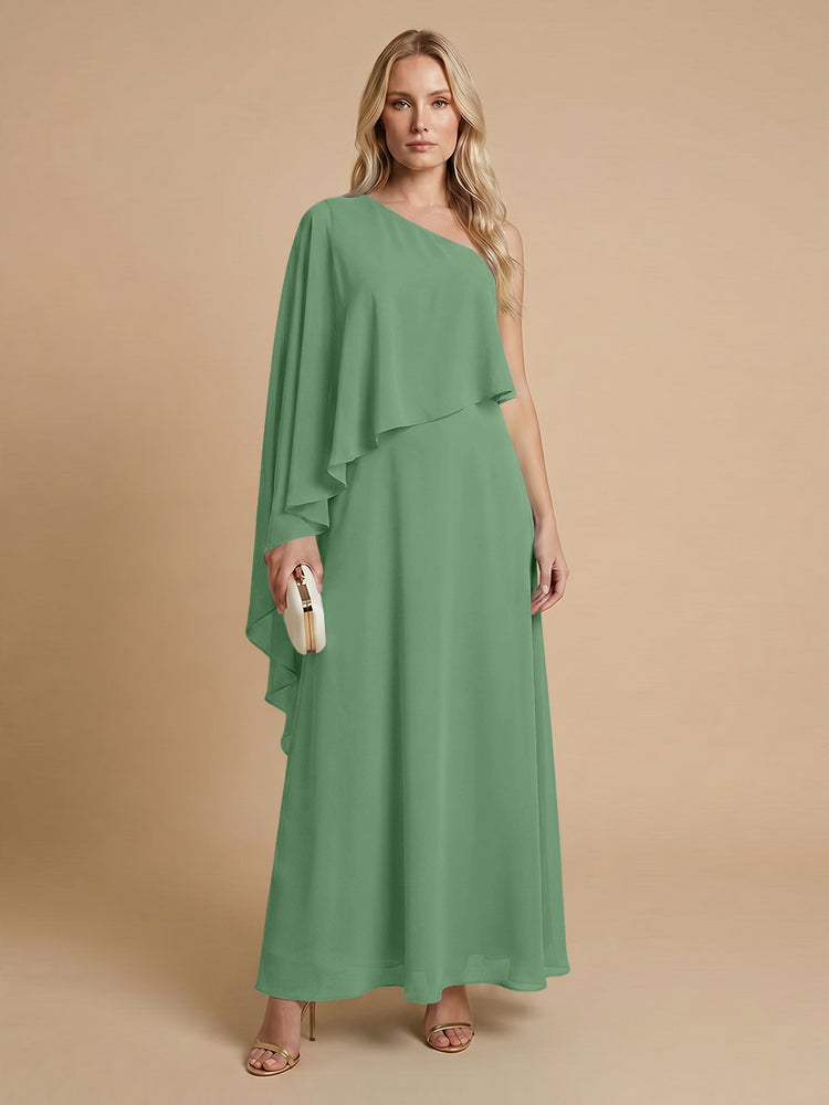 Chiffon A-Line One Shoulder Long Bridesmaid Dresses with Cape