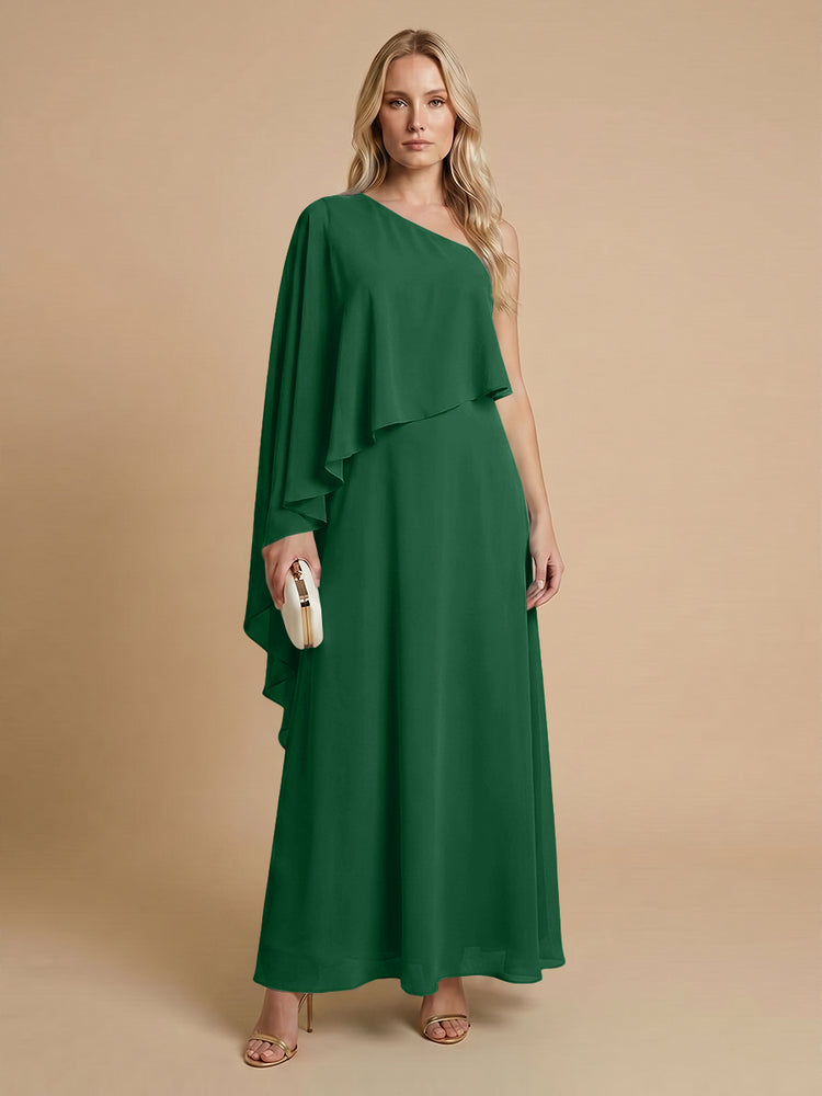 Chiffon A-Line One Shoulder Long Bridesmaid Dresses with Cape
