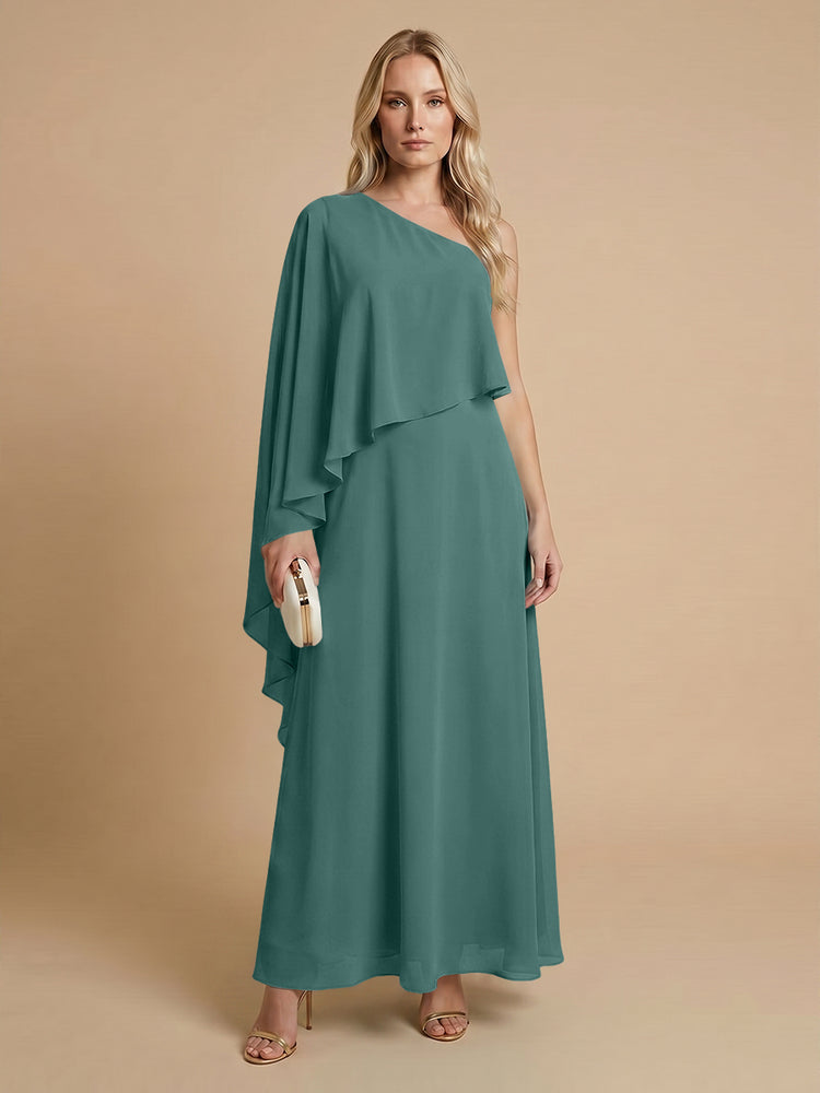 Chiffon A-Line One Shoulder Long Bridesmaid Dresses with Cape