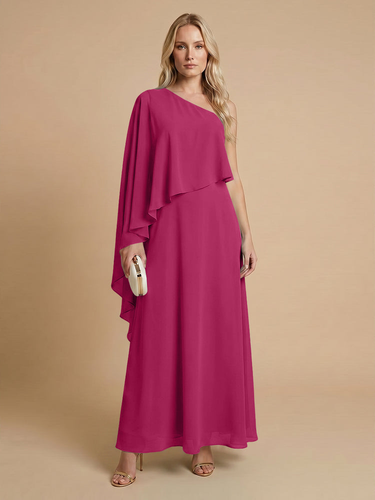 Chiffon A-Line One Shoulder Long Bridesmaid Dresses with Cape