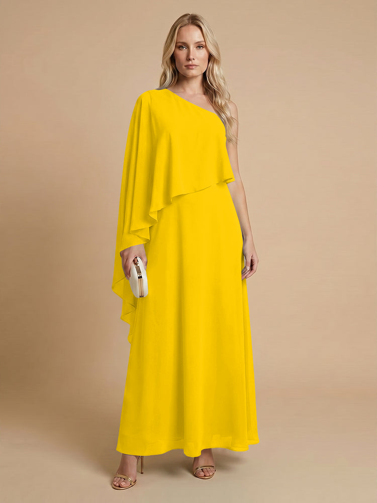 Chiffon A-Line One Shoulder Long Bridesmaid Dresses with Cape