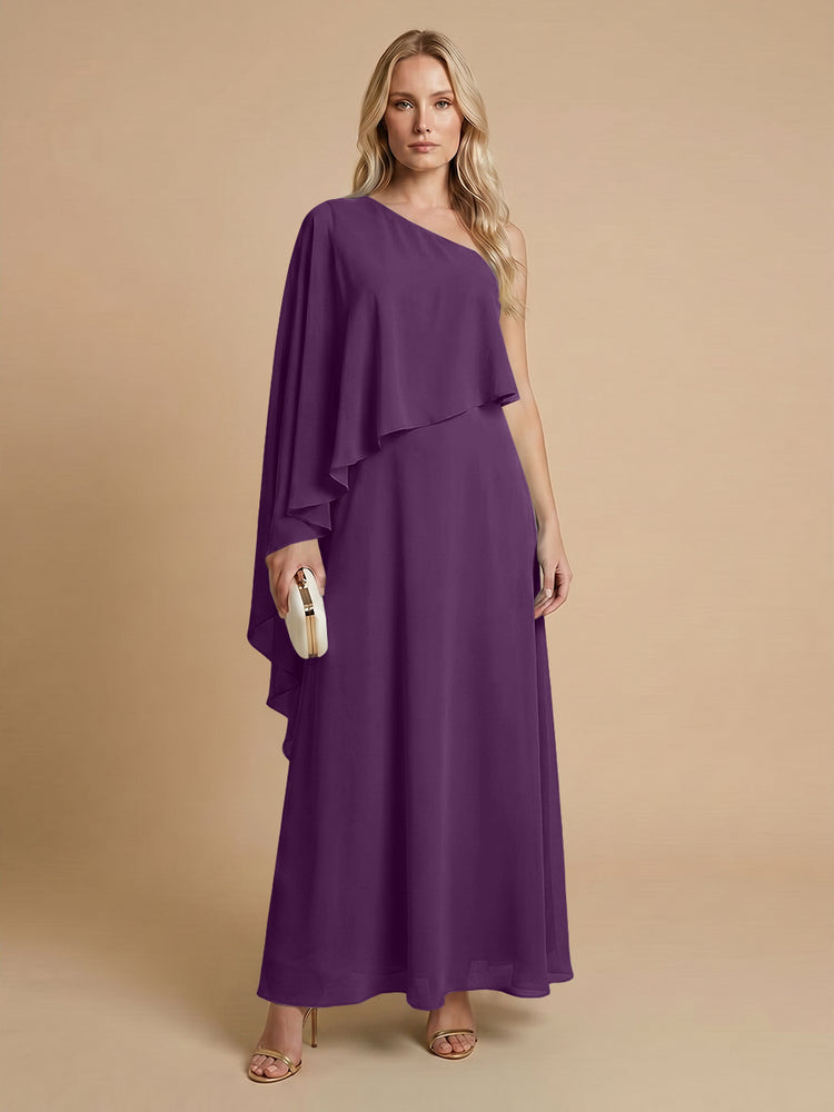 Chiffon A-Line One Shoulder Long Bridesmaid Dresses with Cape