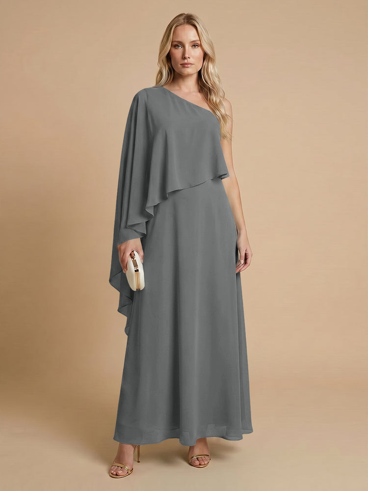 Chiffon A-Line One Shoulder Long Bridesmaid Dresses with Cape