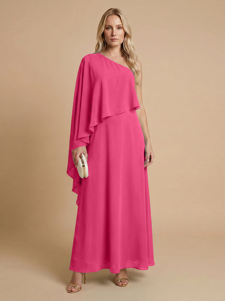 Chiffon A-Line One Shoulder Long Bridesmaid Dresses with Cape